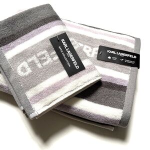 Karl Lagerfeld 2pc Cotton Bath & Hand Towel Set Gray Lavender White NWT